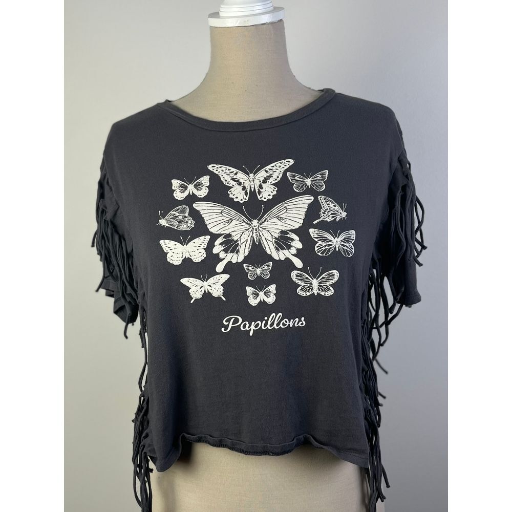 French Pastry Butterfly Graphic Crop Top with Fringe Sleeves Boho Festival Style